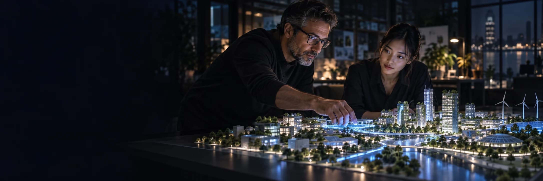 Designers exploring an illuminated model of a sustainable city
