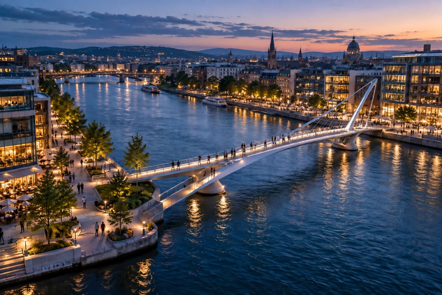 An illuminated pedestrian bridge connecting riverside communities
