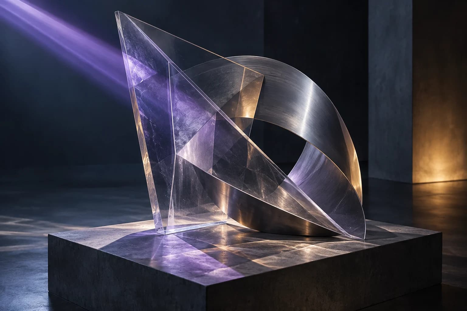A translucent sculptural installation illuminated with violet light
