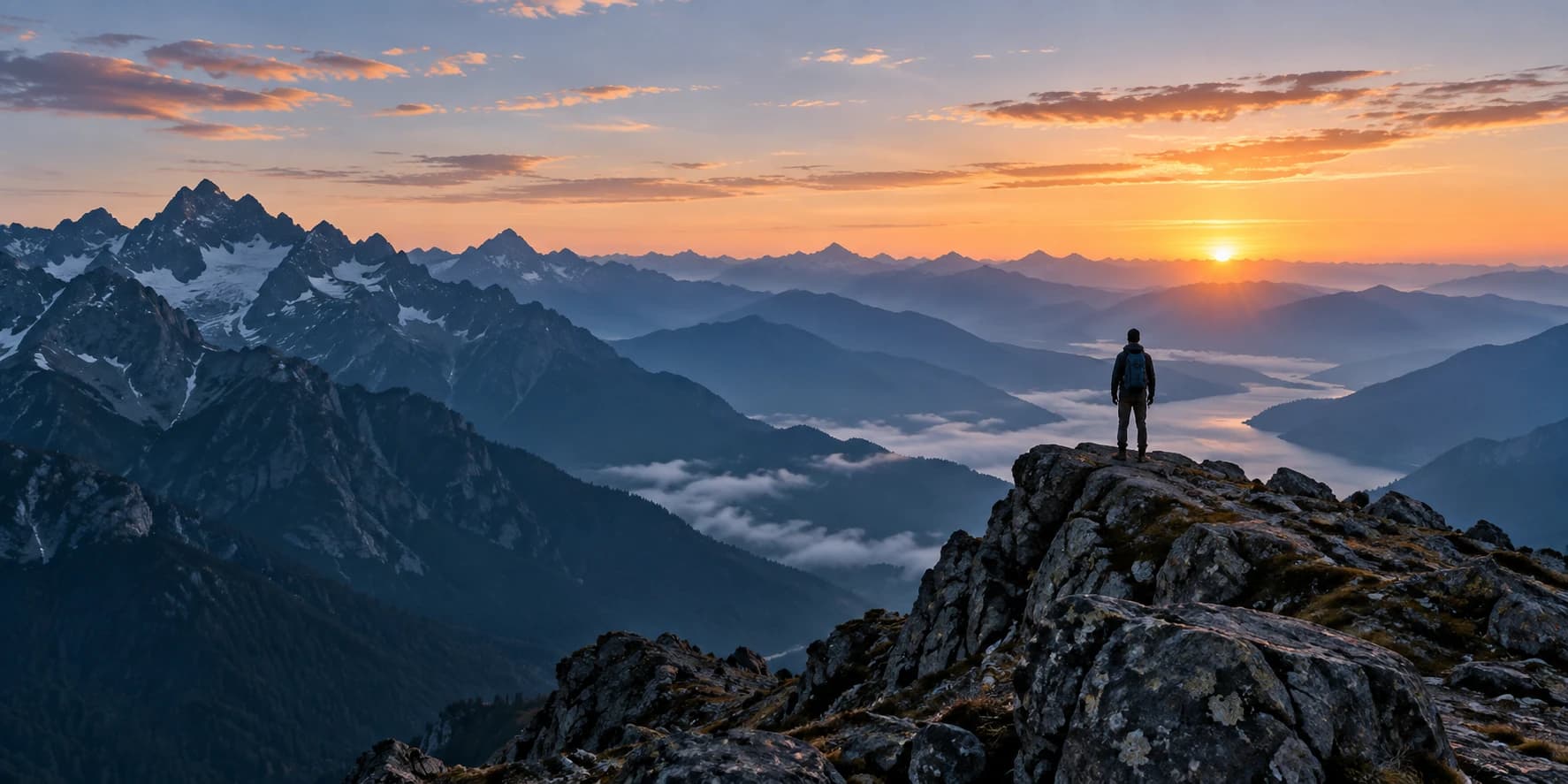 An explorer looking toward a brighter horizon across a mountain landscape
