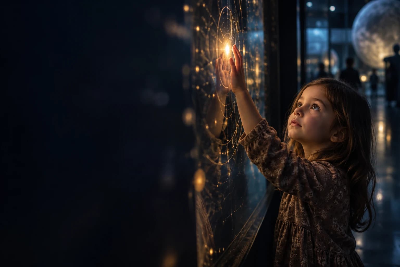 A child discovering a world of possibilities through an illuminated interactive display