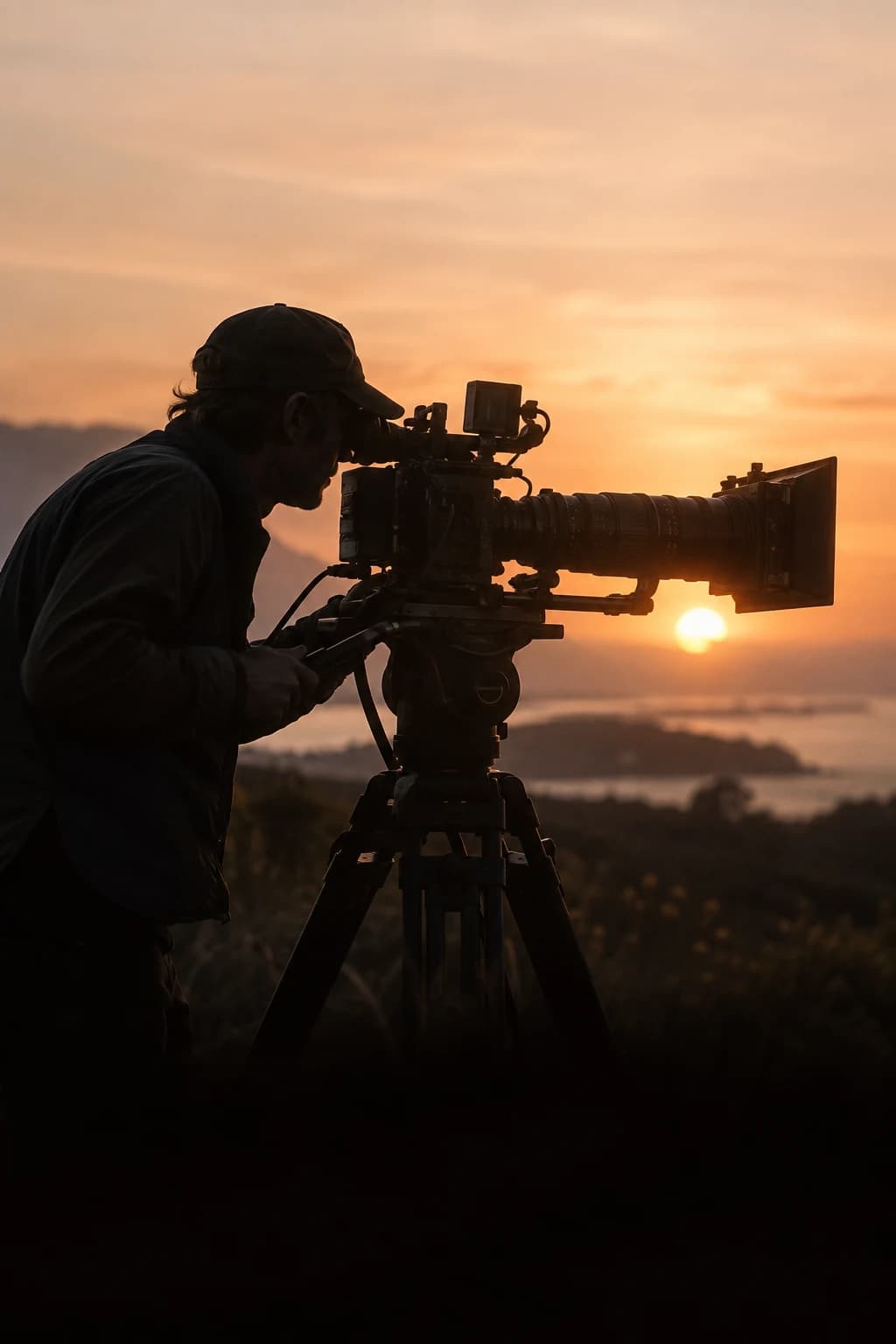 A filmmaker capturing a story at sunset