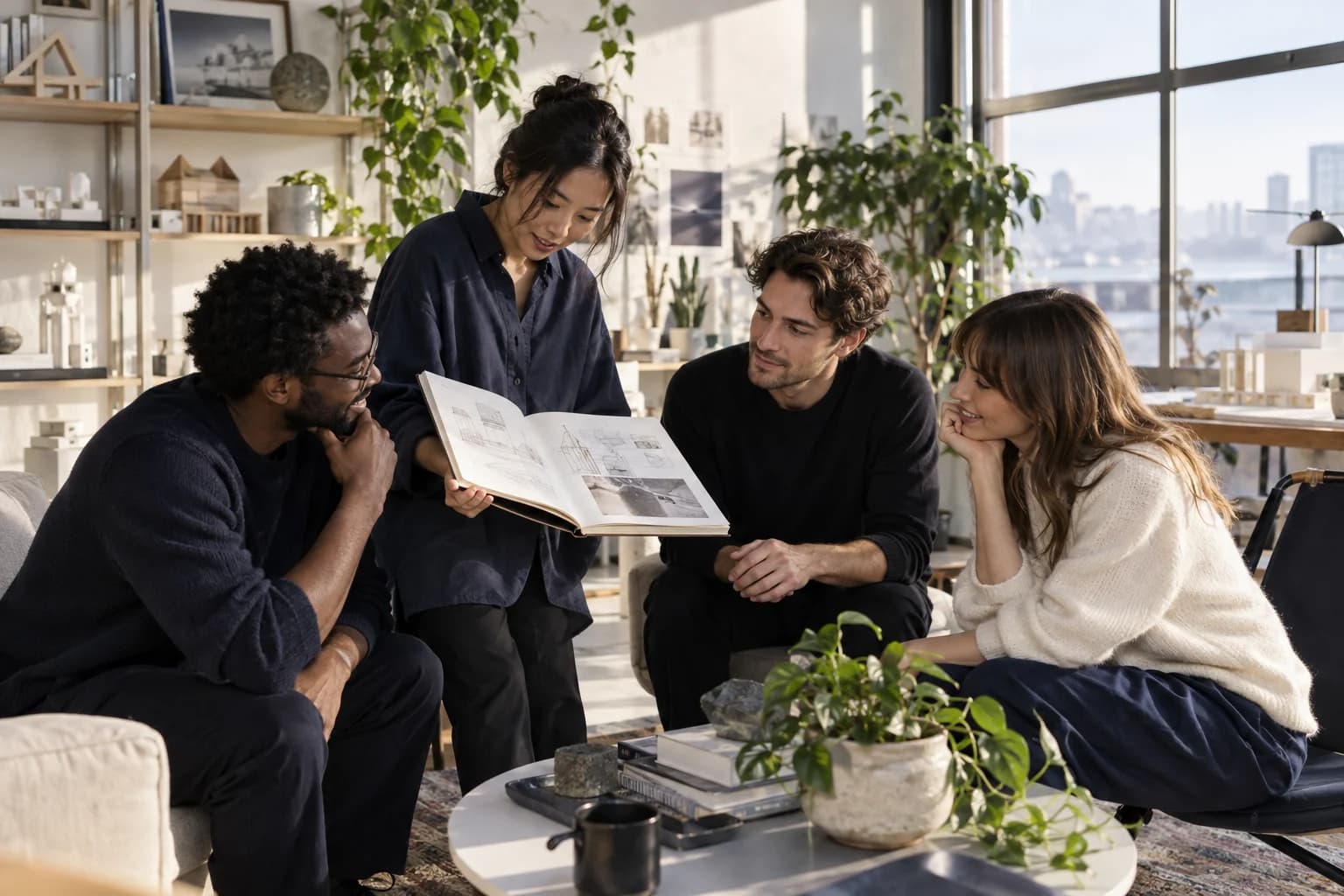 A creative team exchanging ideas in a sunlit studio