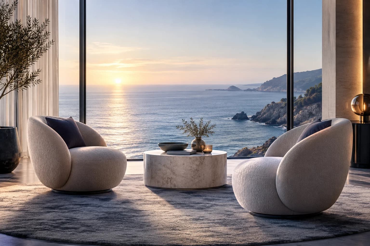 An inviting coastal meeting space with two chairs