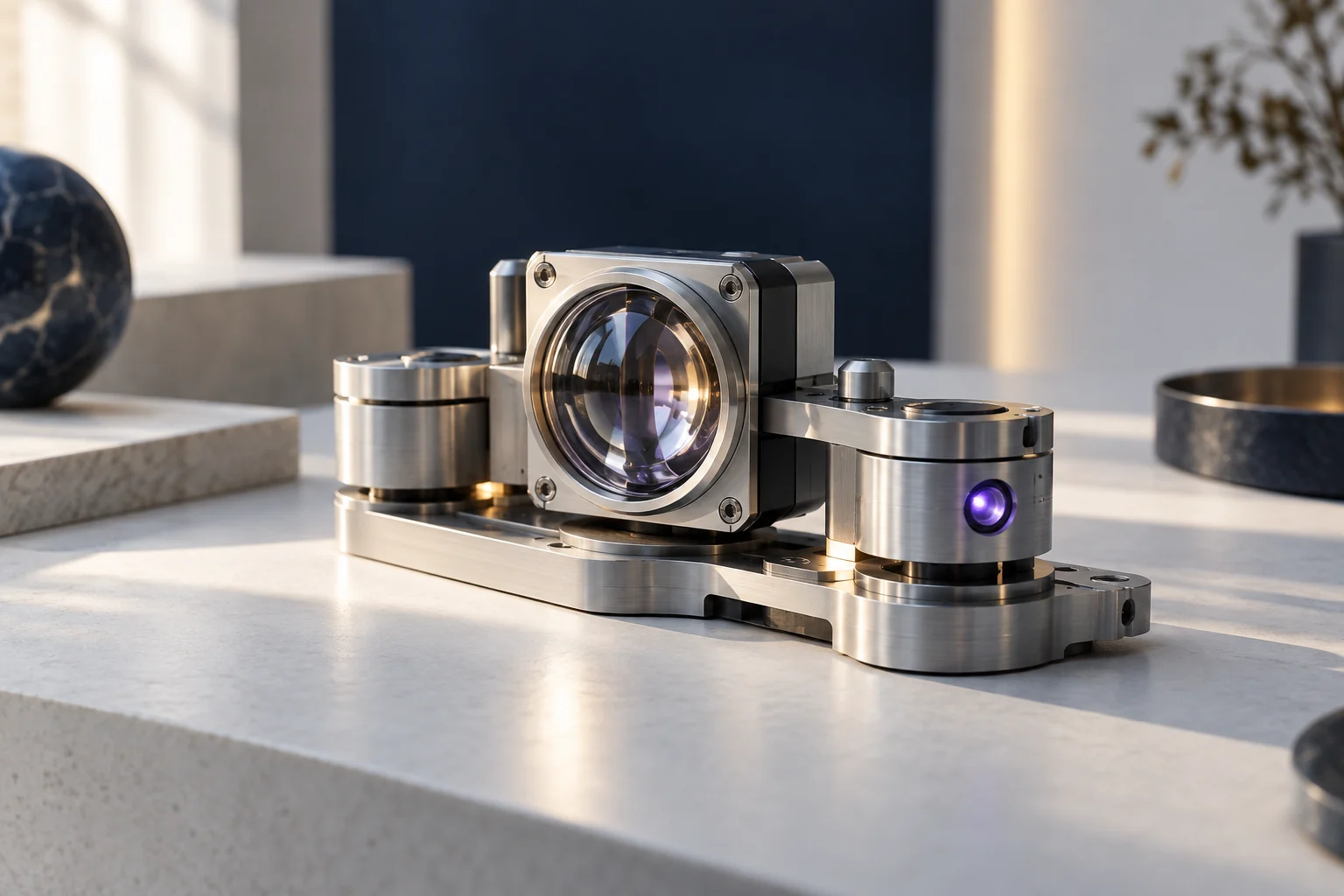 A precision-engineered modular prototype with glass and aluminum elements