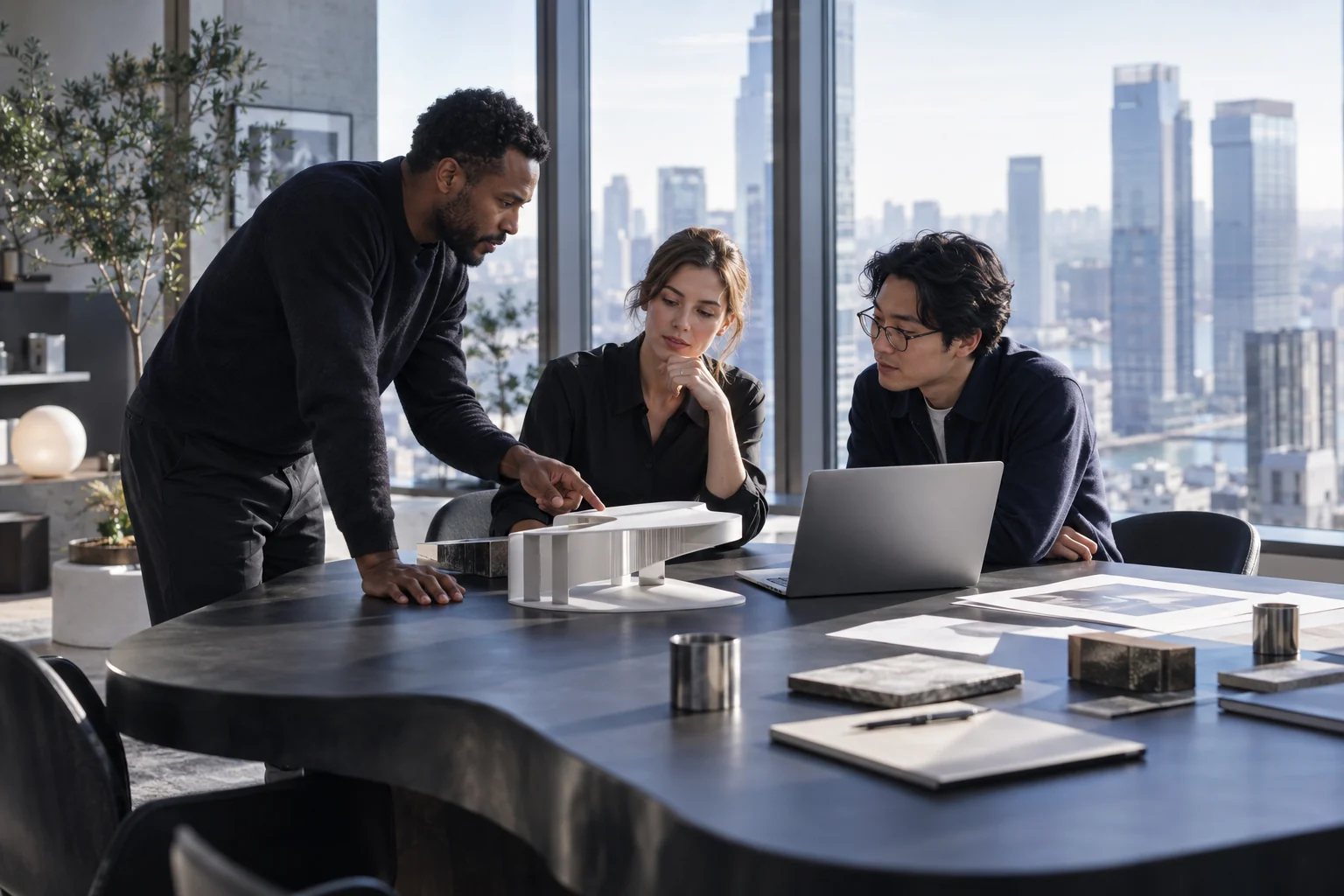 A team exploring a prototype in a contemporary workplace