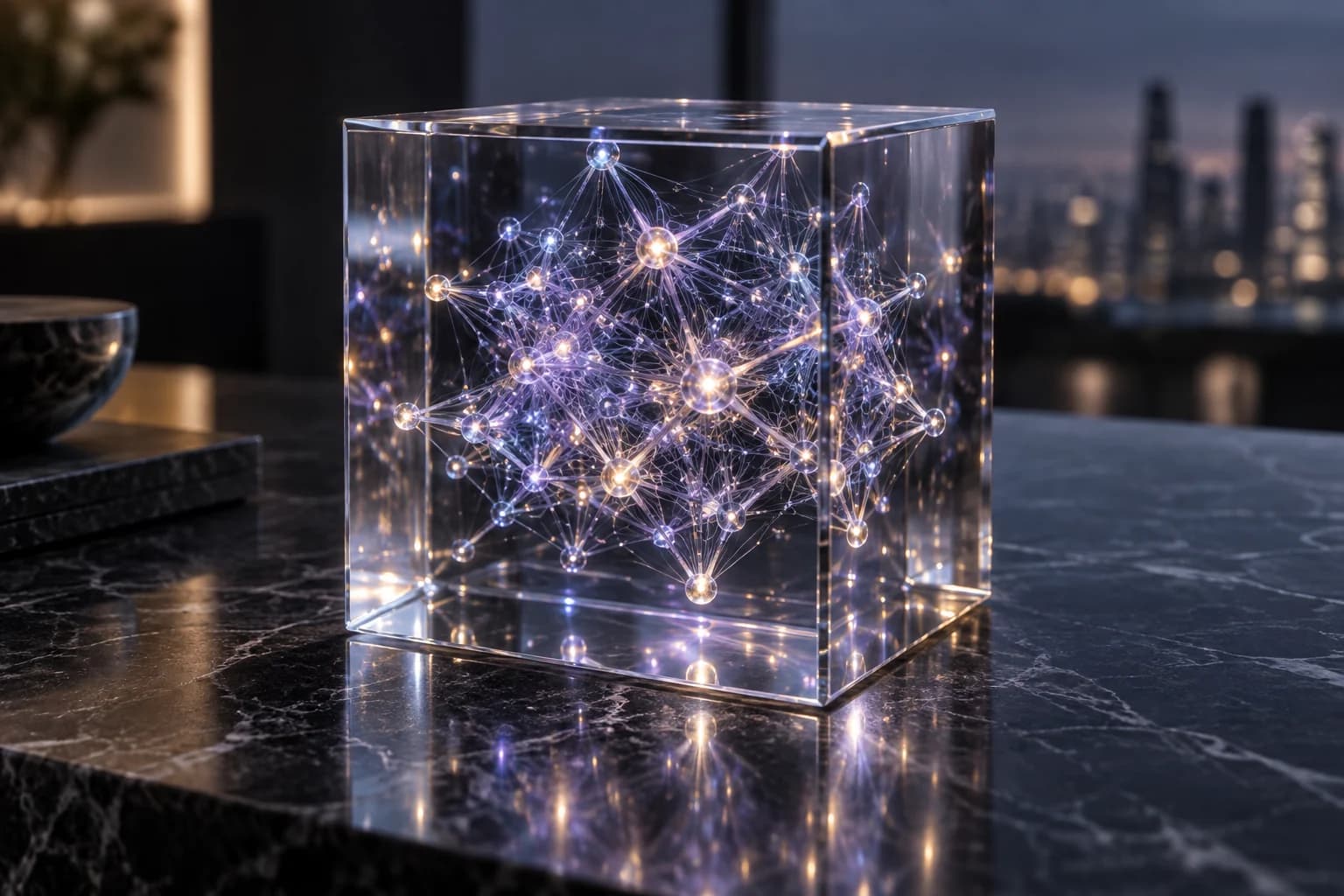 A luminous neural lattice suspended in an optical glass cube