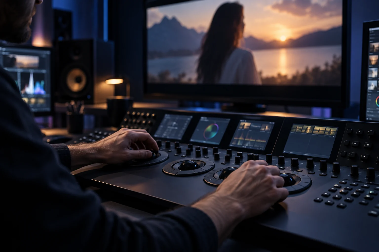 A colorist working at a postproduction console