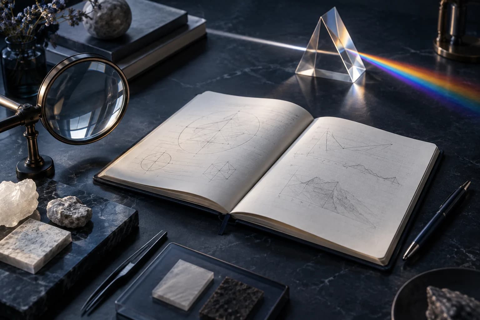 An optical research desk with a prism and material samples