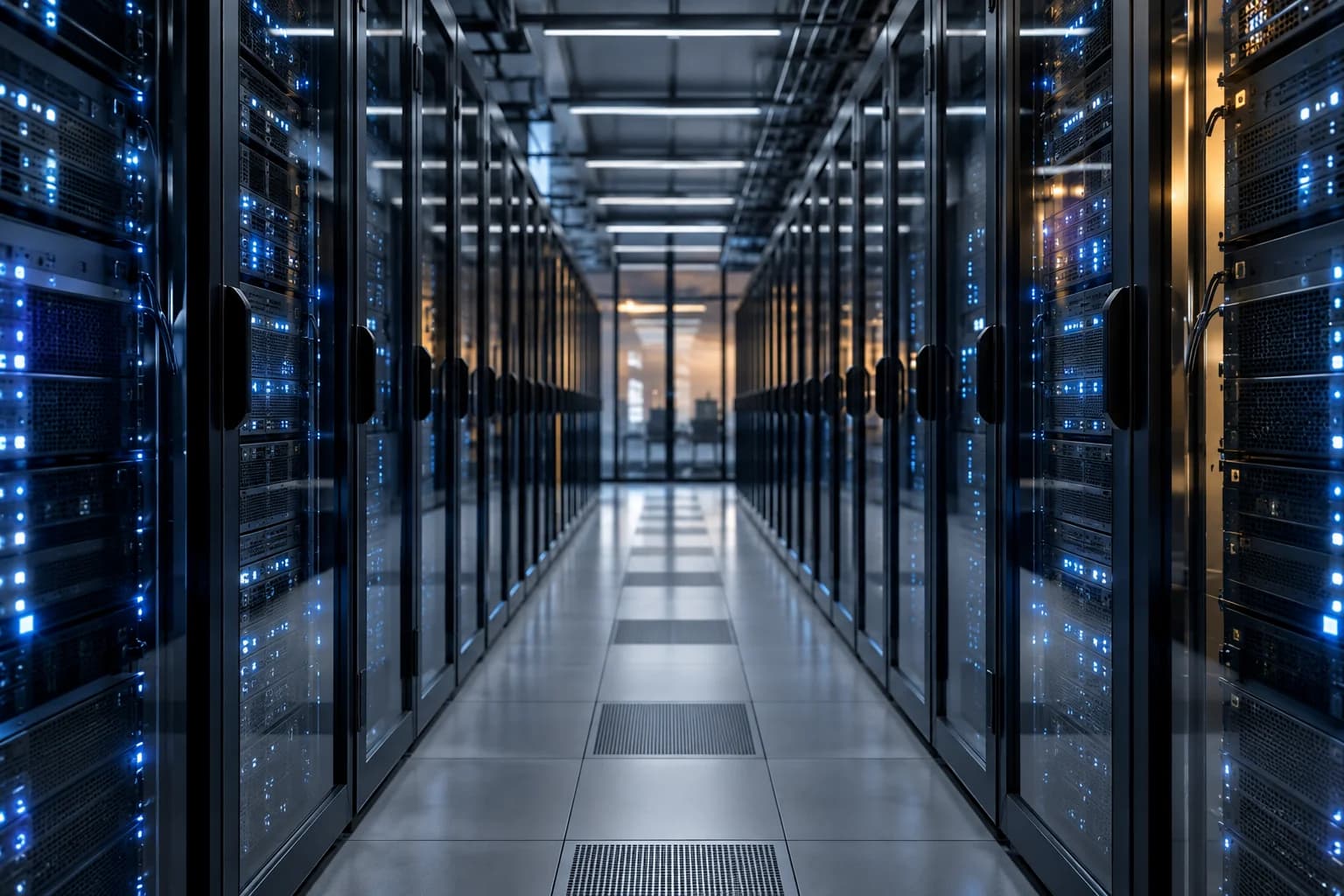 A cool-lit aisle of cloud infrastructure